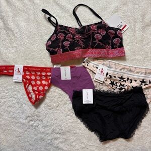 Calvin Klein Floral Bralette and Panties Set - Black, Red, Purple, Cream